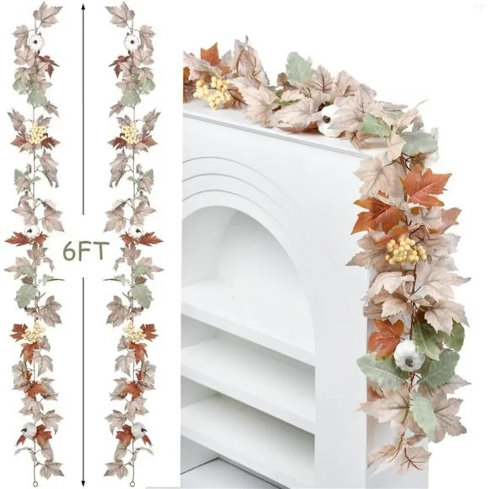 2 Pack Fall Maple Leaf Hanging Vine Garland Artificial Autumn Foliage